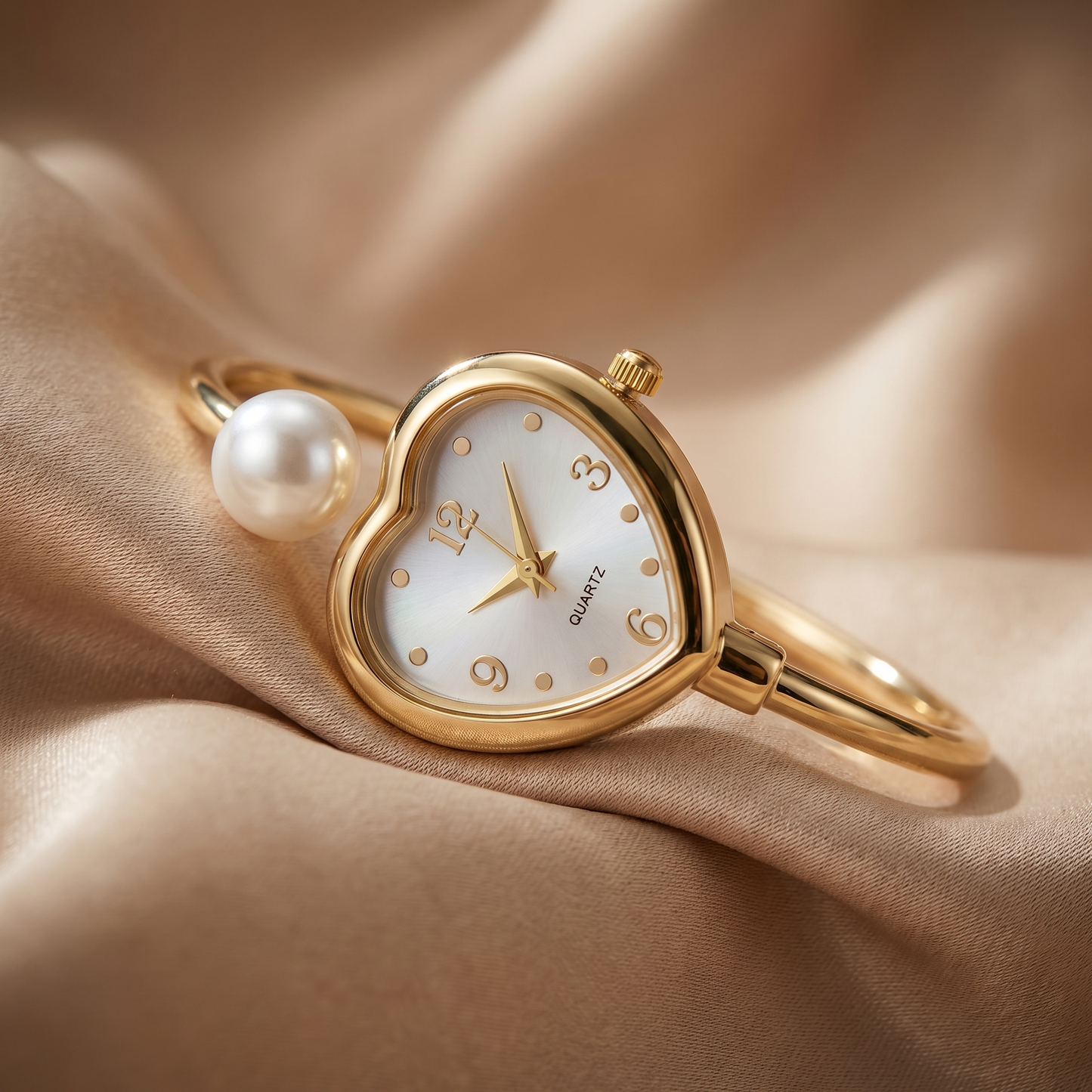 Elegant women's gold watch with pearl bracelet and heart accent. A modern jewelry piece for any occasion.