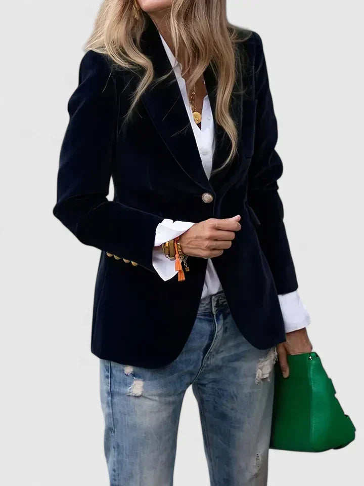 Women's elegant gold button single-breasted blazer for professional wear & smart casual style.