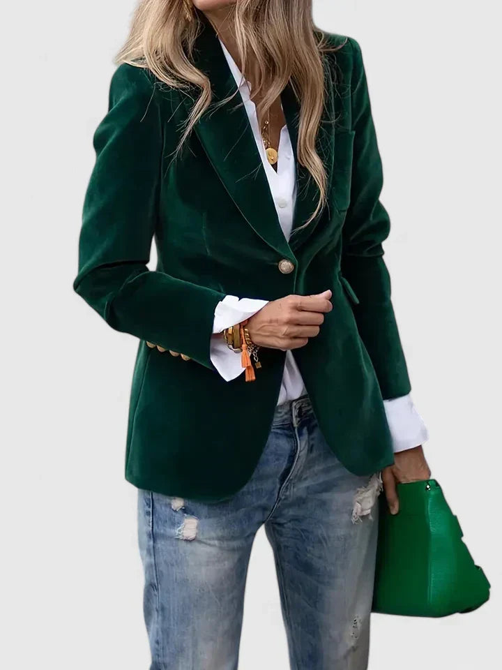 Chic women's single-breasted blazer featuring elegant gold buttons; ideal for office or smart casual outfits.