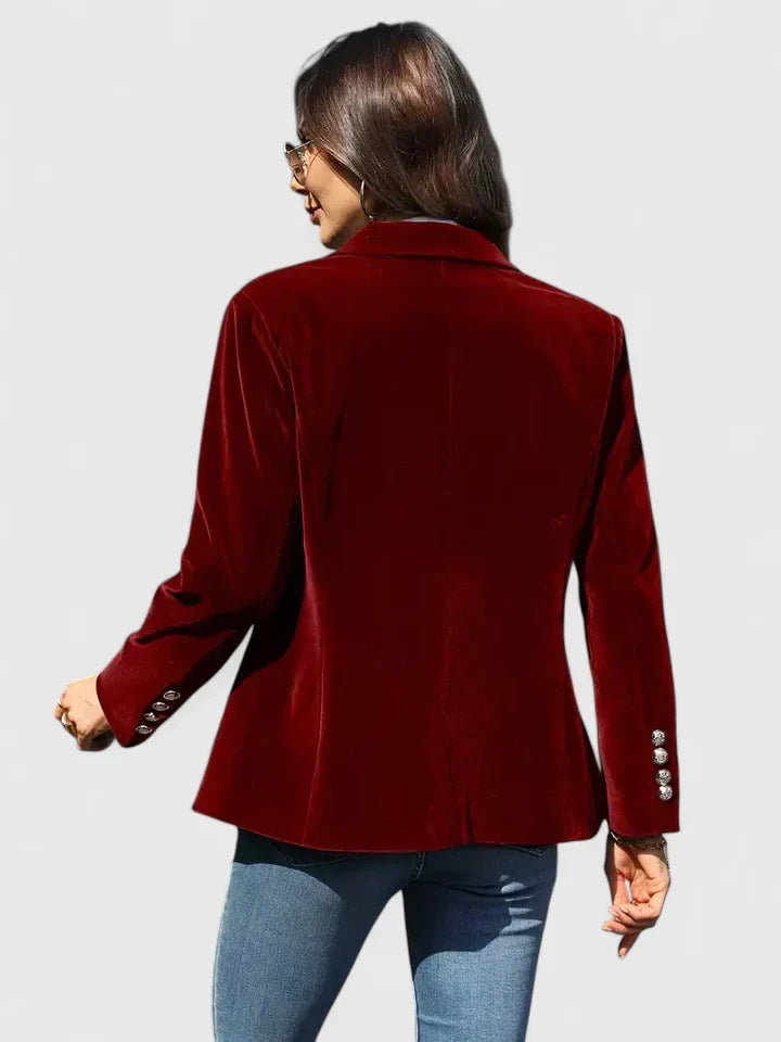 Elegant women's blazer with shiny gold buttons & single-breasted cut, perfect for professional or sophisticated casual.