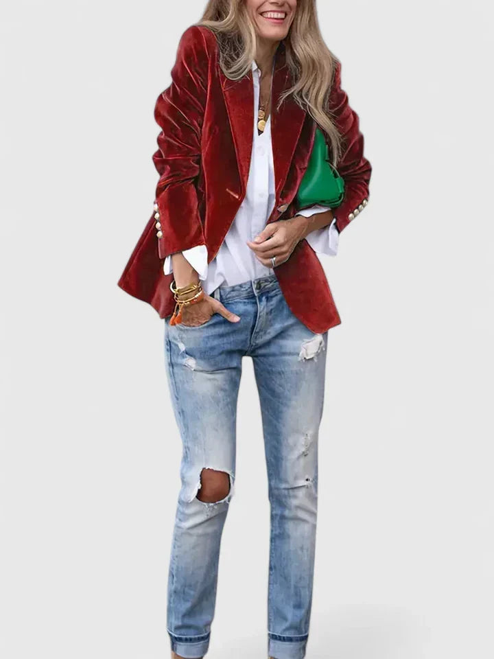 Versatile & chic women's tailored blazer, single-breasted with elegant gold buttons for office & smart casual wear.