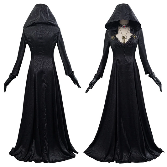 Women's elegant gothic vampire cosplay dress, an official Evil Village Lady Dimitrescu costume for Halloween party.