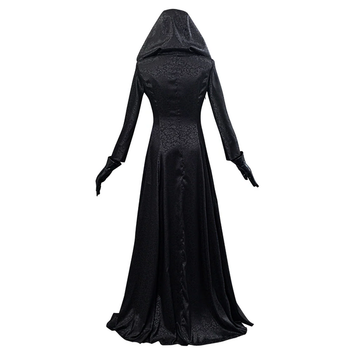 Dramatic black gothic vampire costume for women, elegant fantasy outfit for adult Halloween or cosplay.