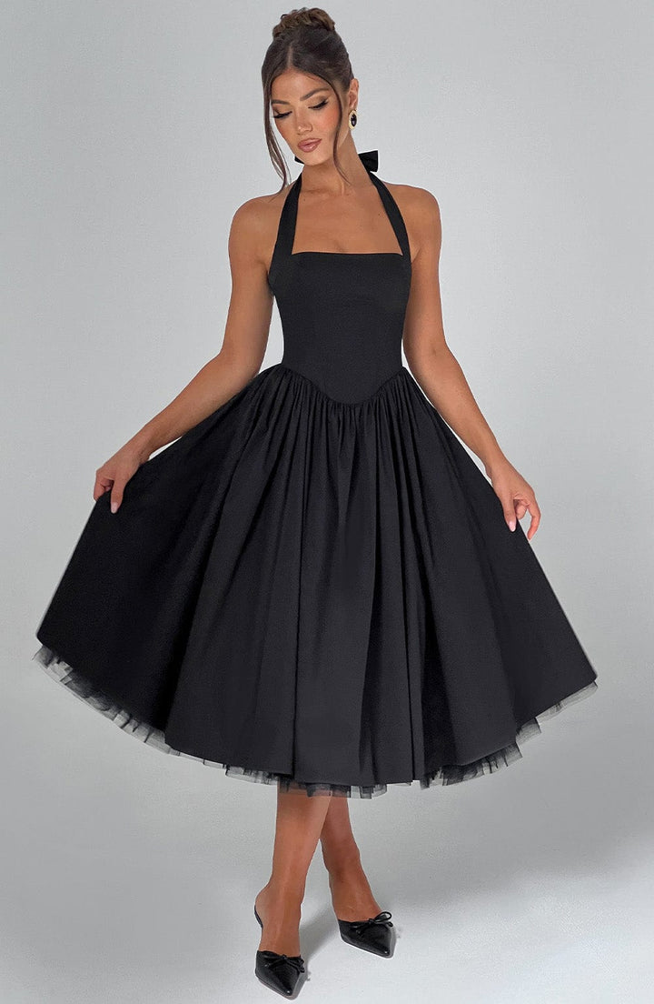 Vintage style ladies halter neck midi dress, a timeless choice for formal events and special occasions.