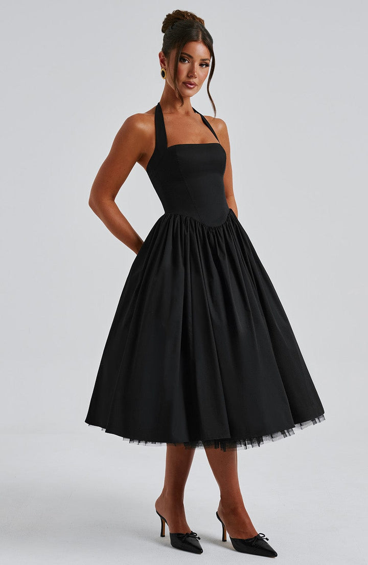 Sophisticated halter neck midi dress for women, ideal for elegant cocktail parties & evening events.