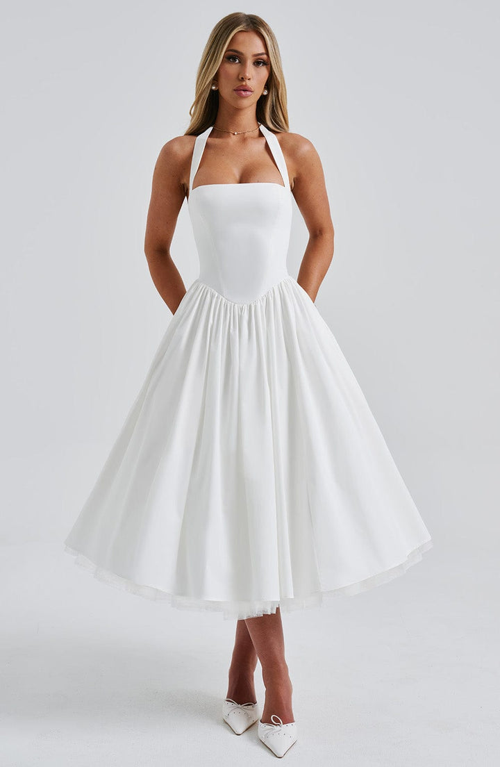 Formal event halter neck midi dress for women, a sophisticated choice for any party.