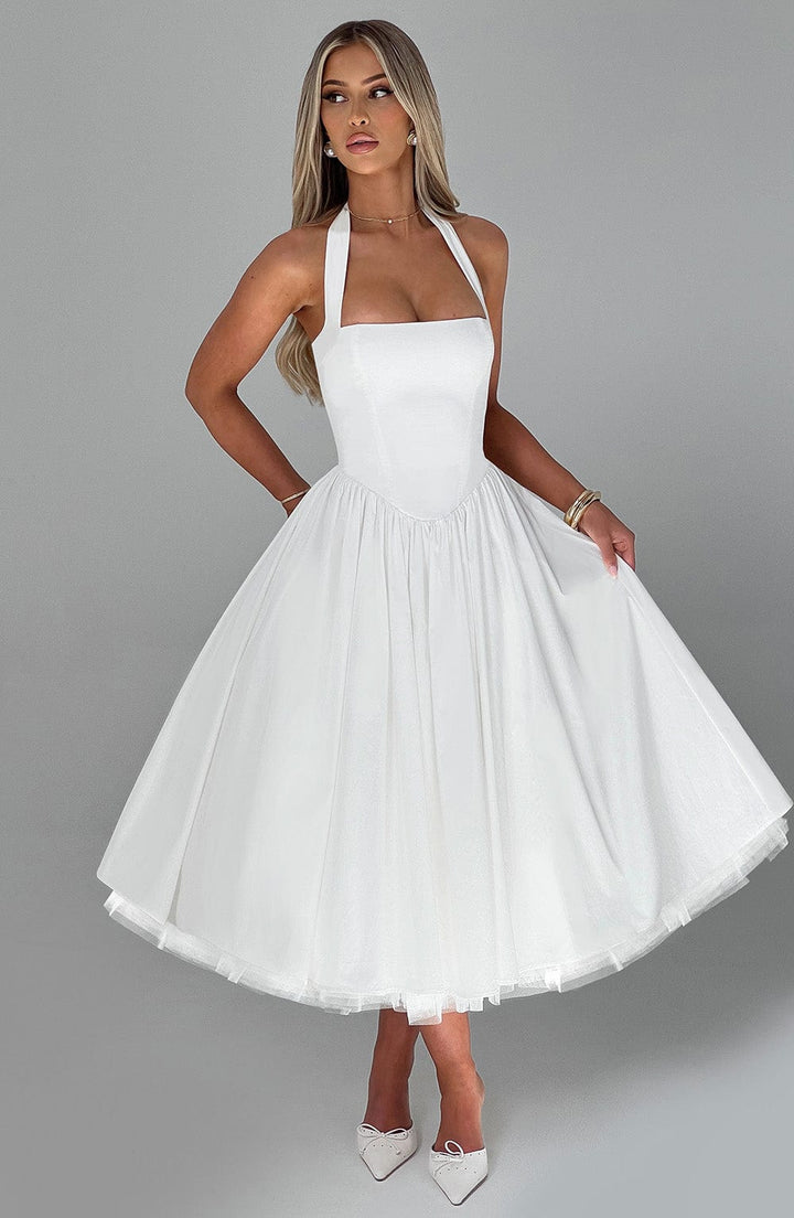 Stylish ladies halter neck midi dress, designed for formal events and special occasions.