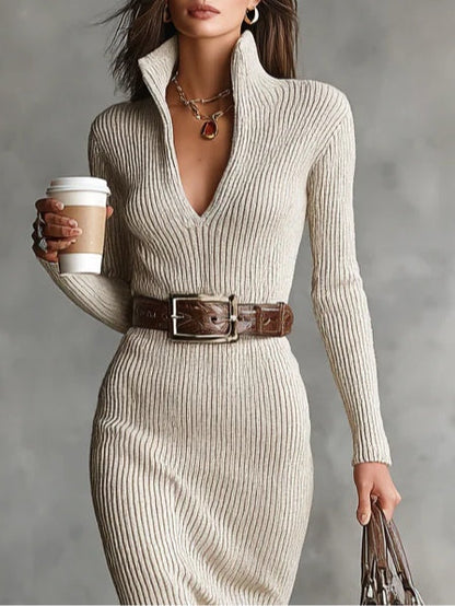 Flattering women's high neck belted midi dress. Versatile long sleeve style for elegant fall & winter occasions.