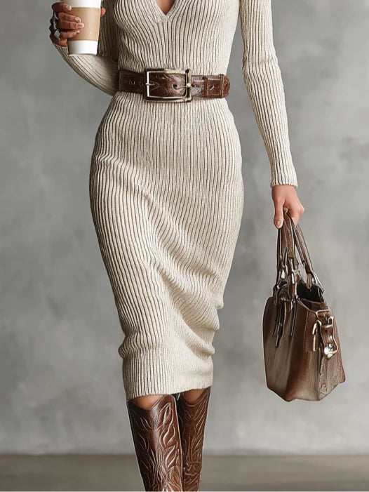 Sophisticated women's long sleeve high neck midi dress with a stylish belt, ideal for elegant fall & winter fashion.