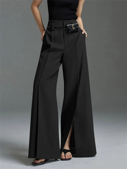 Stylish women's high-waisted wide-leg pants with unique leg slits. A modern fashion statement for any occasion.