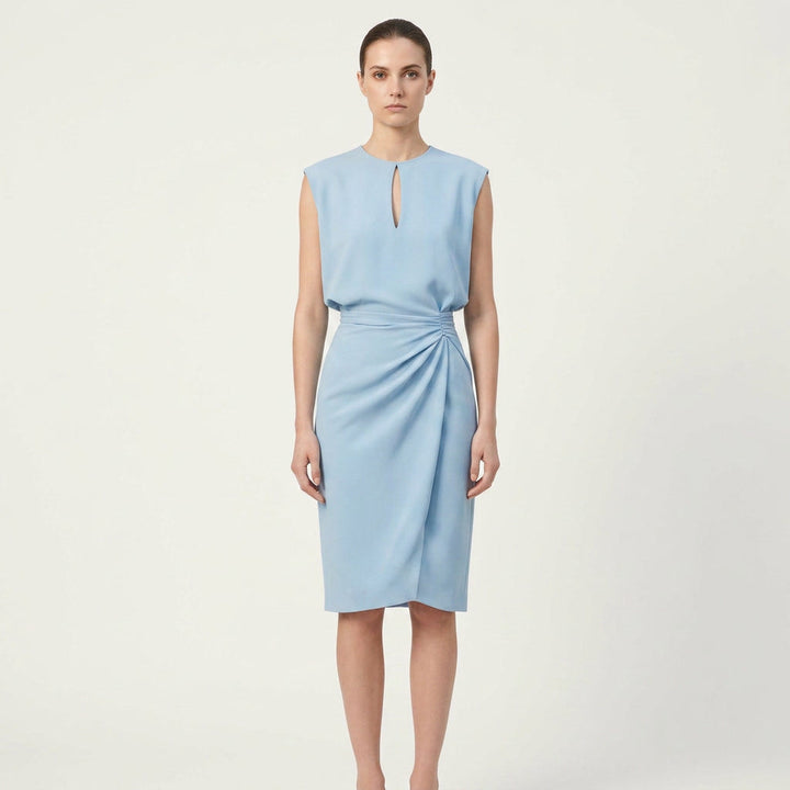 Women's elegant keyhole neck, ruched waist midi cocktail dress. Perfect for parties & special occasions.