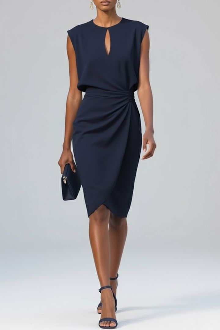 Wedding guest midi dress: women's elegant keyhole neck, ruched waist. Perfect for formal parties & evening wear.