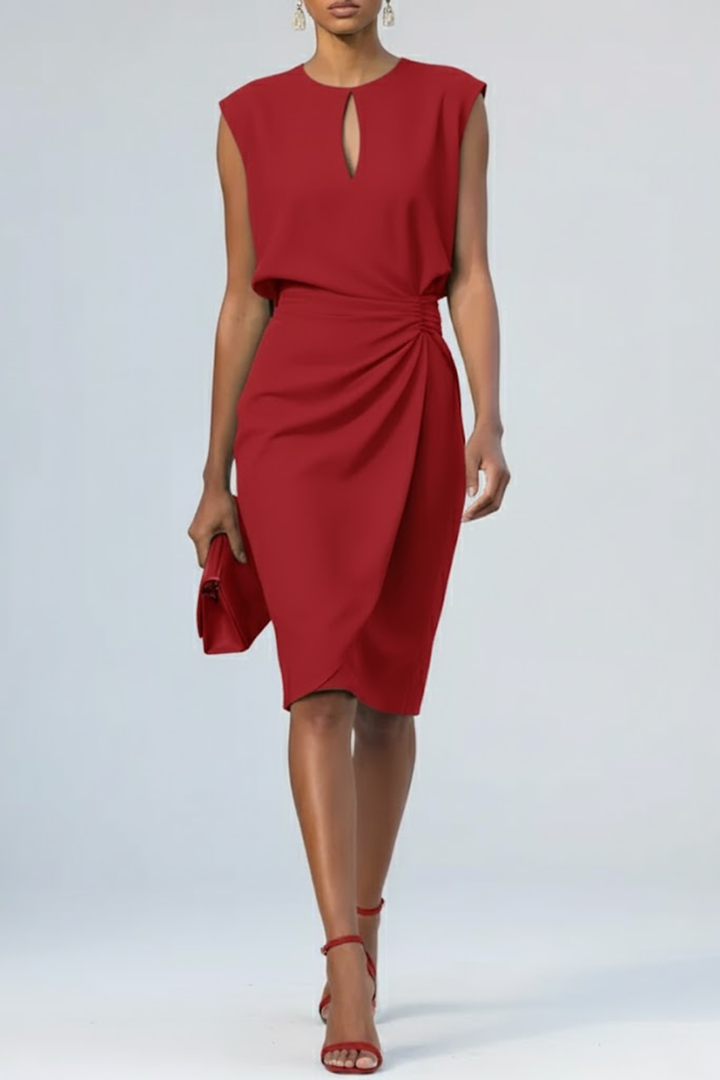 Chic women's slim fit midi cocktail dress with keyhole neck & ruched waist. Great for special occasions & parties.