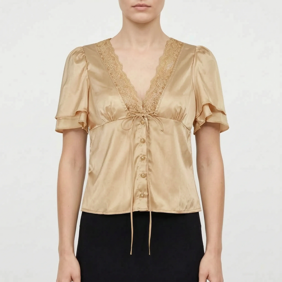 Elegant women's short sleeve V-neck blouse with lace trim, button front. A versatile, solid color top for any occasion.