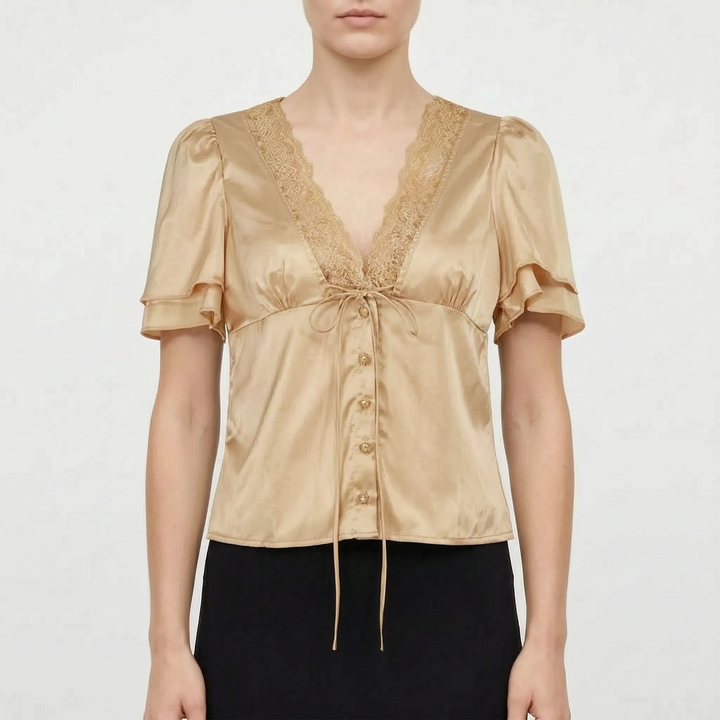 Elegant women's short sleeve V-neck blouse with lace trim, button front. A versatile, solid color top for any occasion.