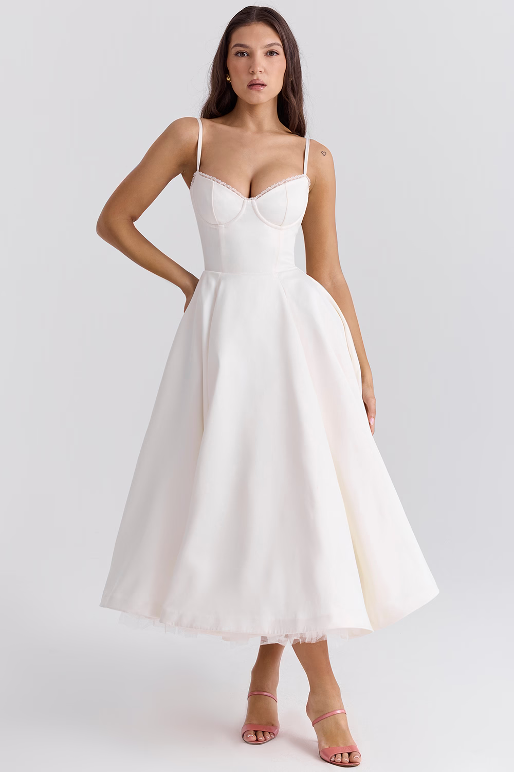 Sophisticated evening midi dress for women, featuring a structured corset bodice, lace trim, and flowy skirt.