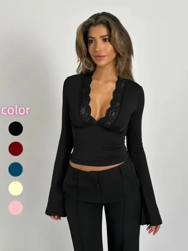 Women's elegant lace V-neck long sleeve top.