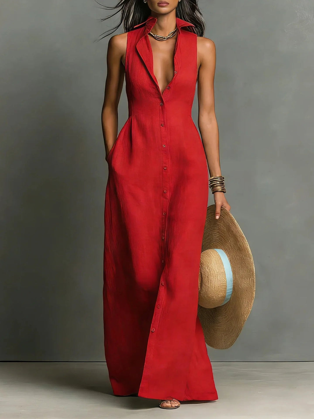 Women's Elegant Lapel Shirt Maxi Dress with Button Front, perfect for summer.