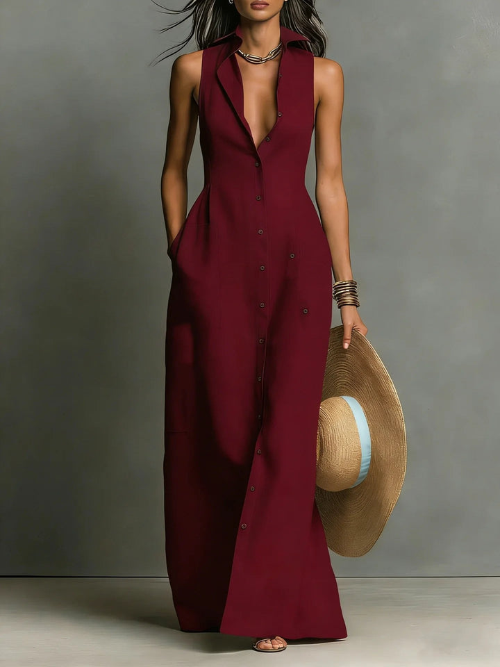 Versatile women's lapel shirt maxi dress, button front, elegant for casual or summer wear.