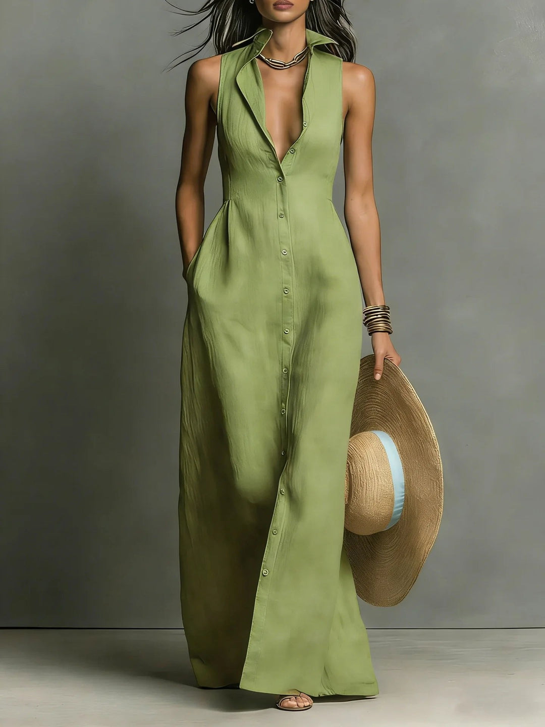 Flowy elegant lapel shirt maxi dress for women, button front, offering comfort & style.