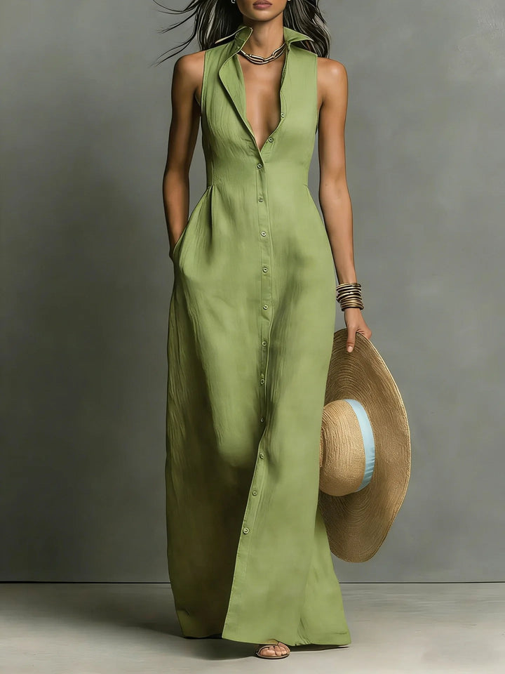 Flowy elegant lapel shirt maxi dress for women, button front, offering comfort & style.