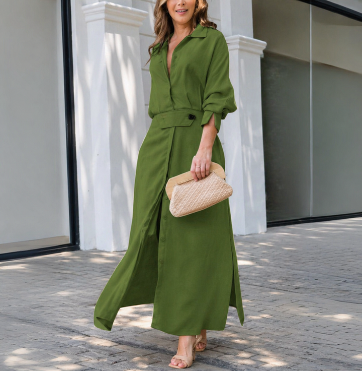 Sophisticated women's collared shirt dress, a long-sleeve maxi design, perfect elegant attire for wedding guests.