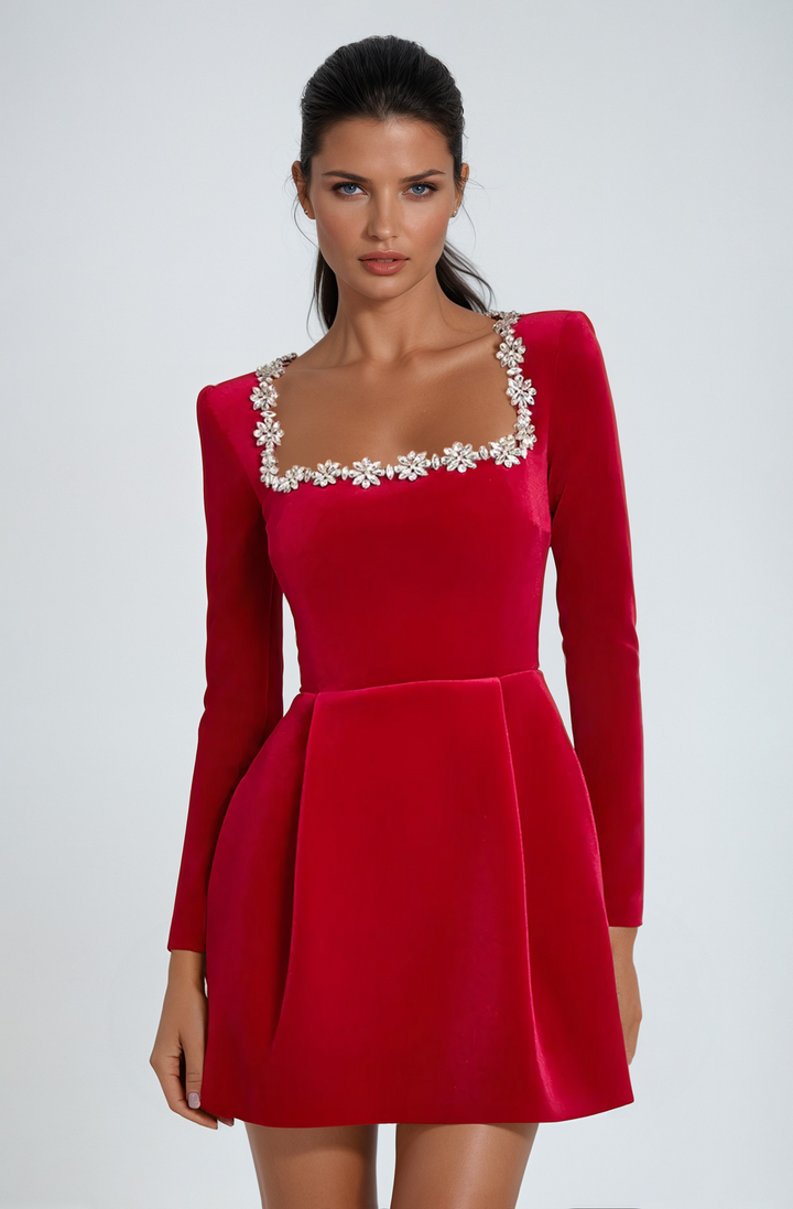 Dazzling long sleeve mini wedding guest dress, a sophisticated option for cocktail & evening events.