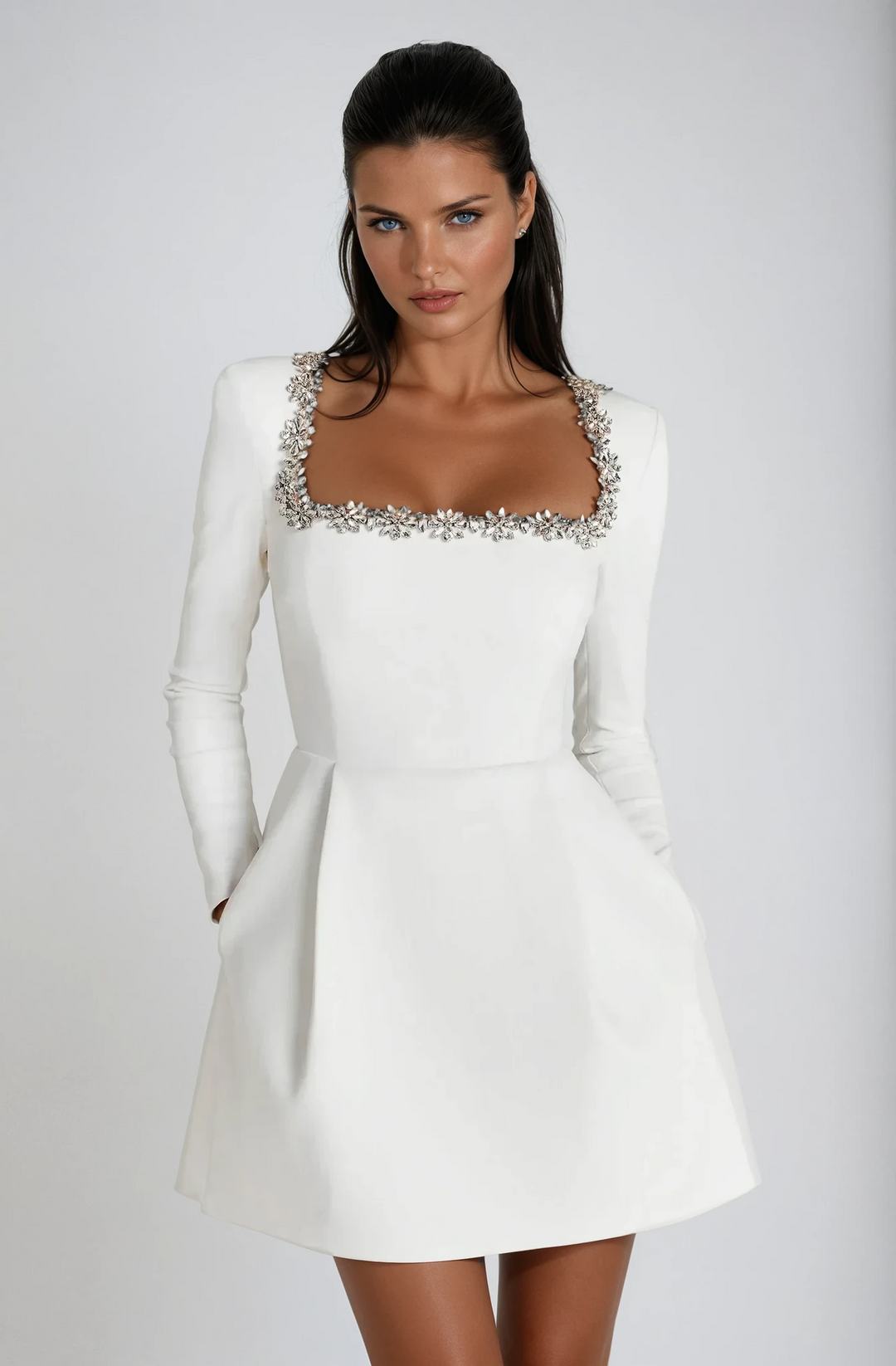 Formal long sleeve mini cocktail dress for women, great for wedding guests, parties, or special occasions.