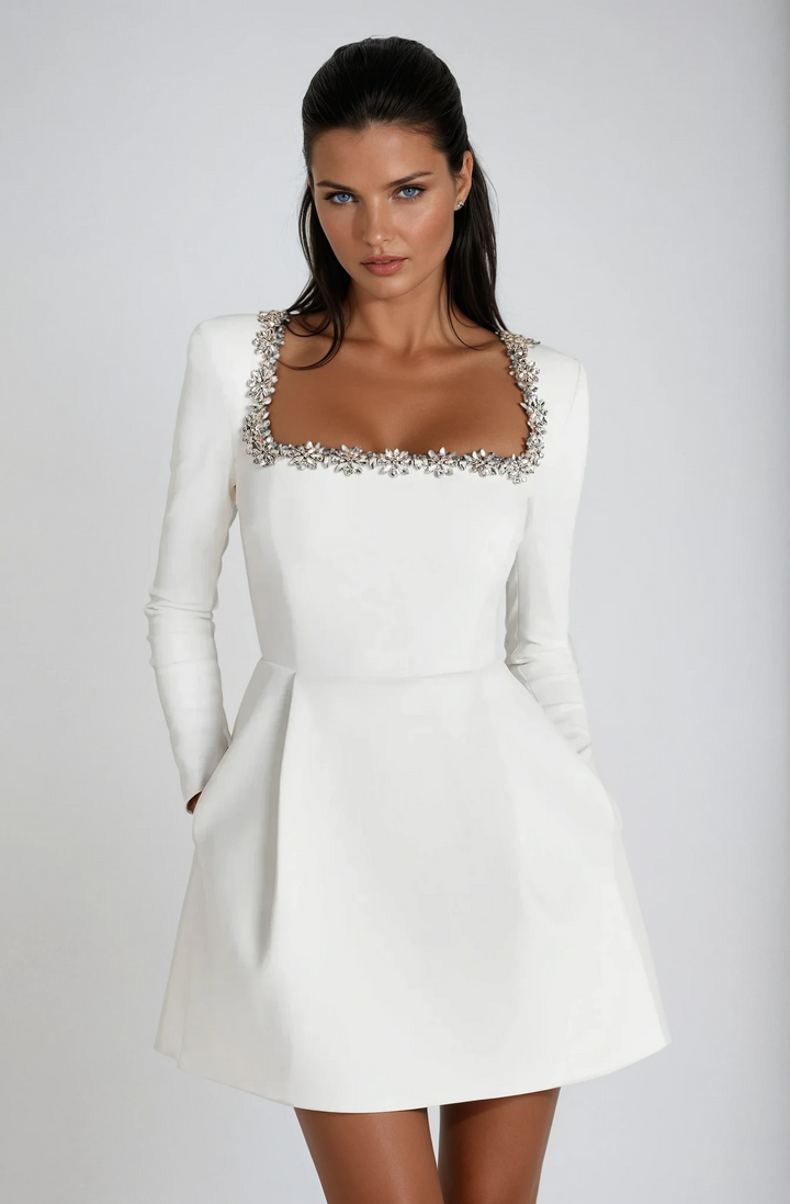 Formal long sleeve mini cocktail dress for women, great for wedding guests, parties, or special occasions.