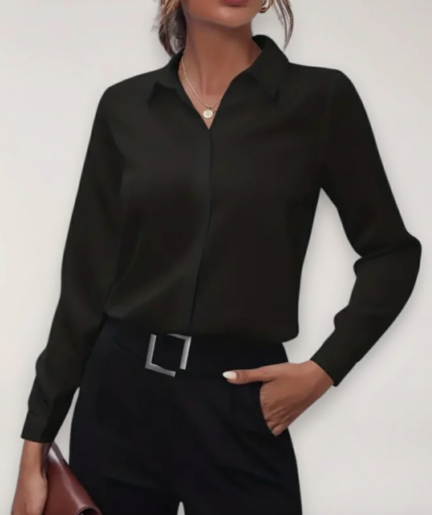 Women's elegant long-sleeve office blouse in white, perfect for professional wear & business casual. Stylish women's top.
