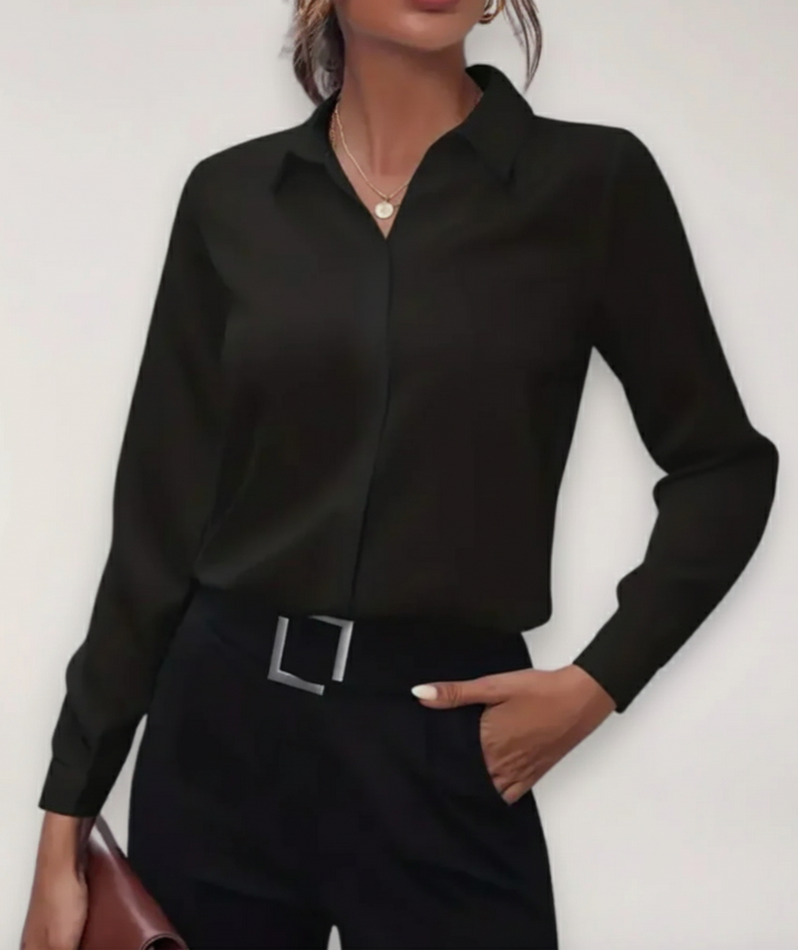 Women's elegant long-sleeve office blouse in white, perfect for professional wear & business casual. Stylish women's top.