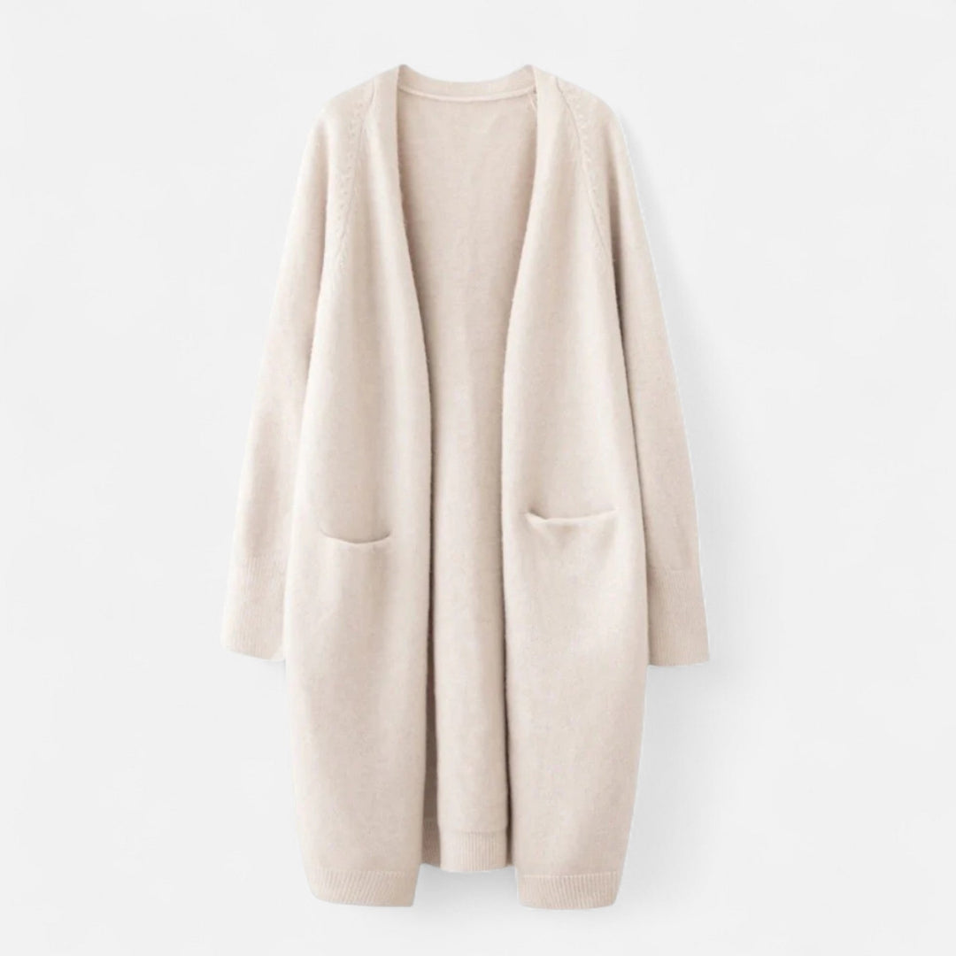 Women's elegant longline open-front cardigan, perfect for stylish layering in fall & spring fashion.