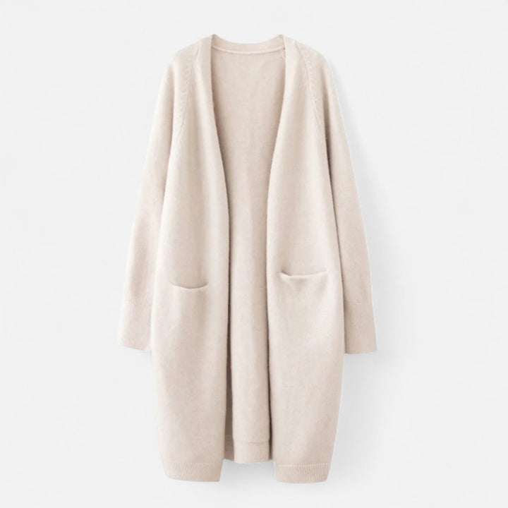Women's elegant longline open-front cardigan, perfect for stylish layering in fall & spring fashion.