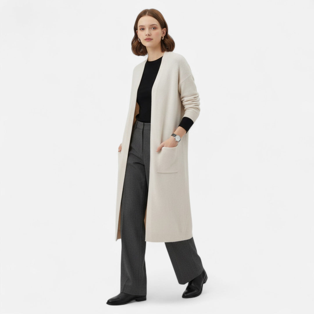 Comfortable women's open-front longline cardigan, a versatile layering piece for chic everyday style.