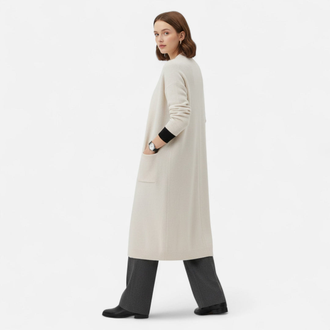 Chic women's longline cardigan with open front, an elegant outerwear choice for casual or dressy occasions.