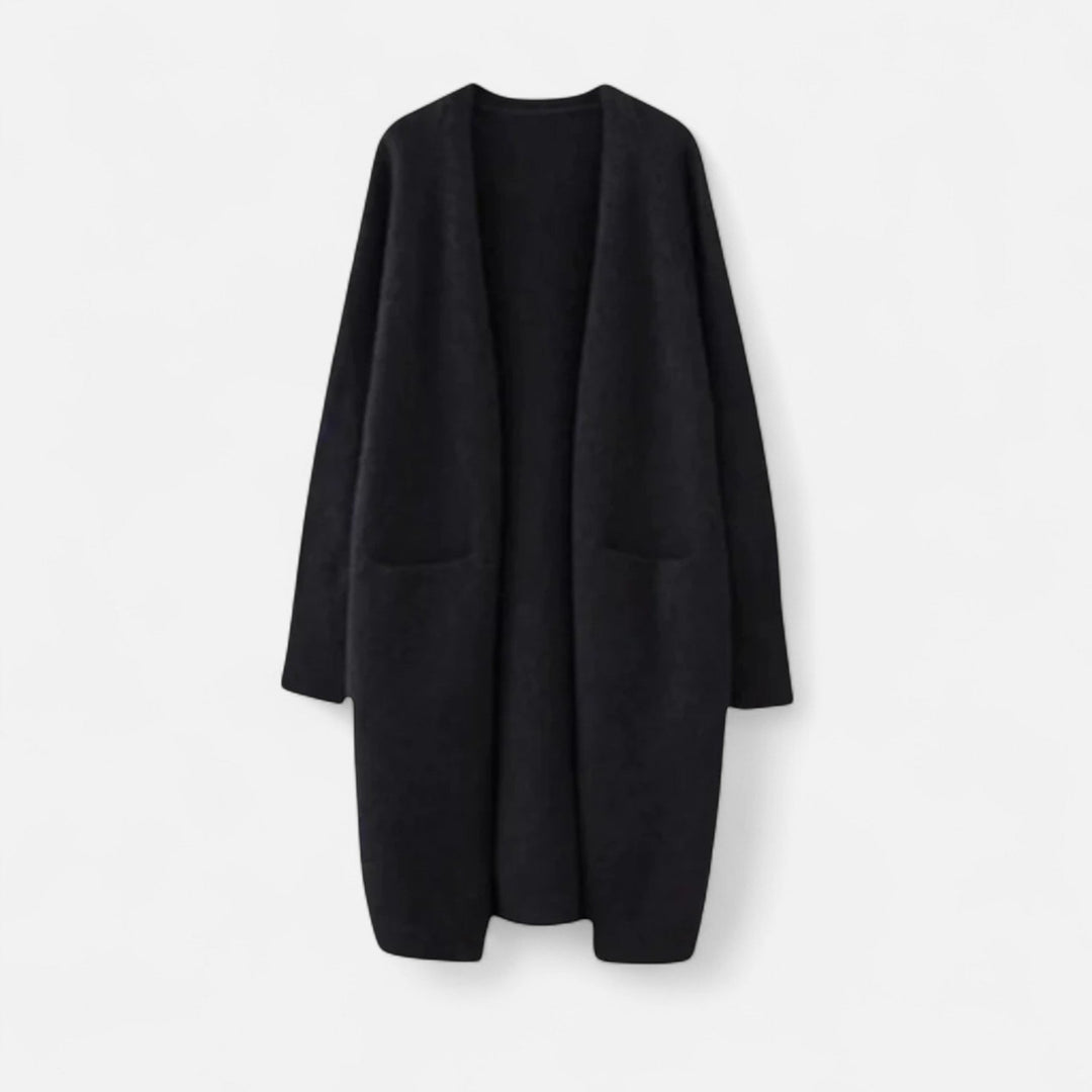 Stylish women's open-front longline cardigan, perfect for elegant layering & adding a chic touch to outfits.