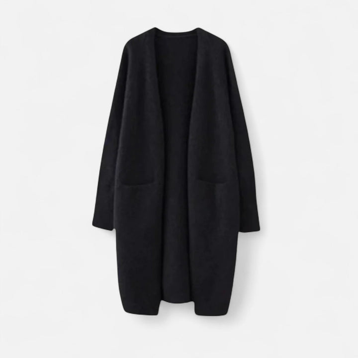 Stylish women's open-front longline cardigan, perfect for elegant layering & adding a chic touch to outfits.