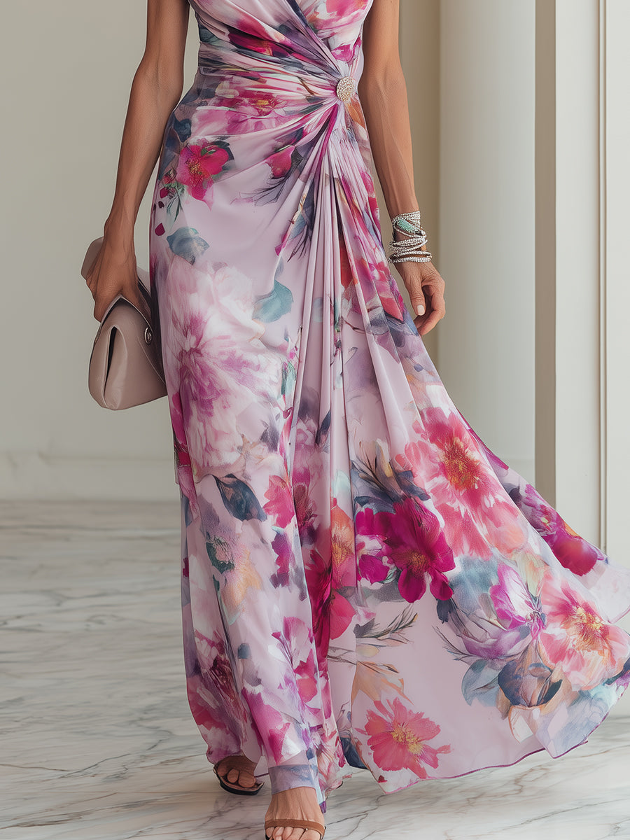 Beautiful magenta floral short sleeve wrap maxi dress, featuring a flattering V-neck and ruched waist, for elegant events.