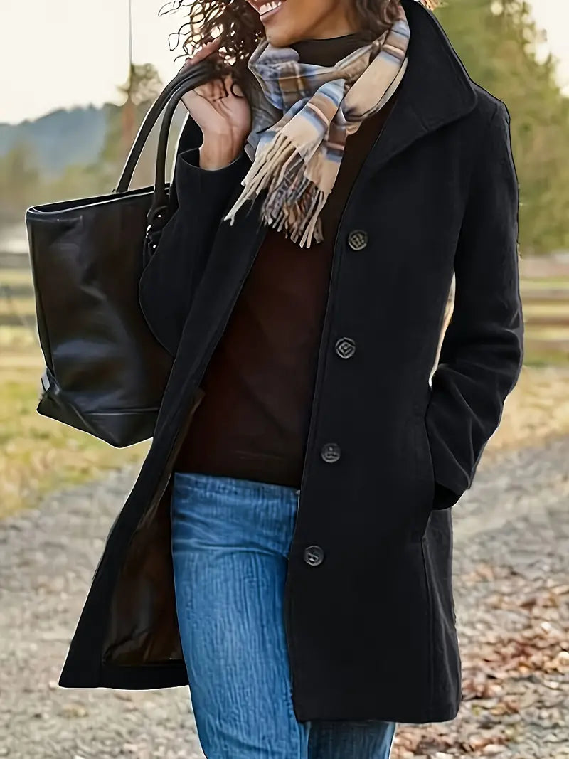 Stylish women's button-front trench coat with elegant lapels, perfect mid-length outerwear for fall & winter fashion.