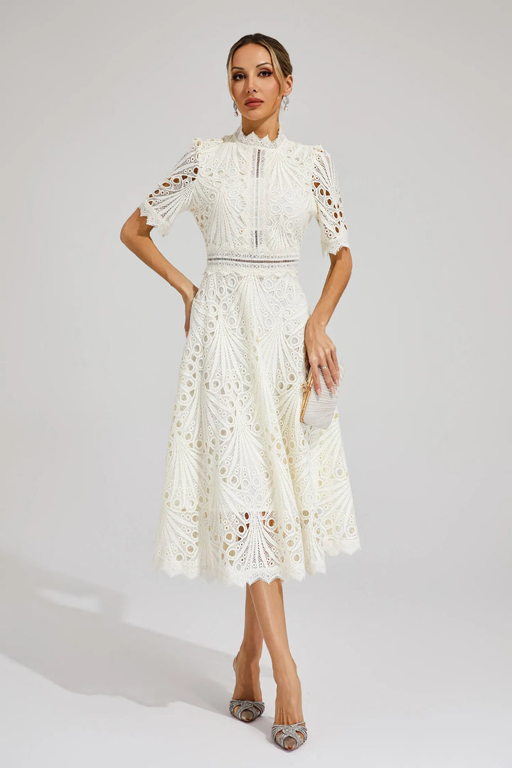Beautiful elegant women's midi dress, a perfect tailored party dress with scoop neck for summer & spring events.