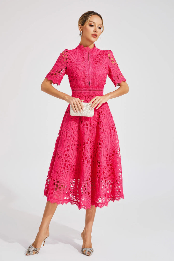 Stylish women's midi dress for special occasions. Elegant party or wedding guest attire, ideal for summer/spring.