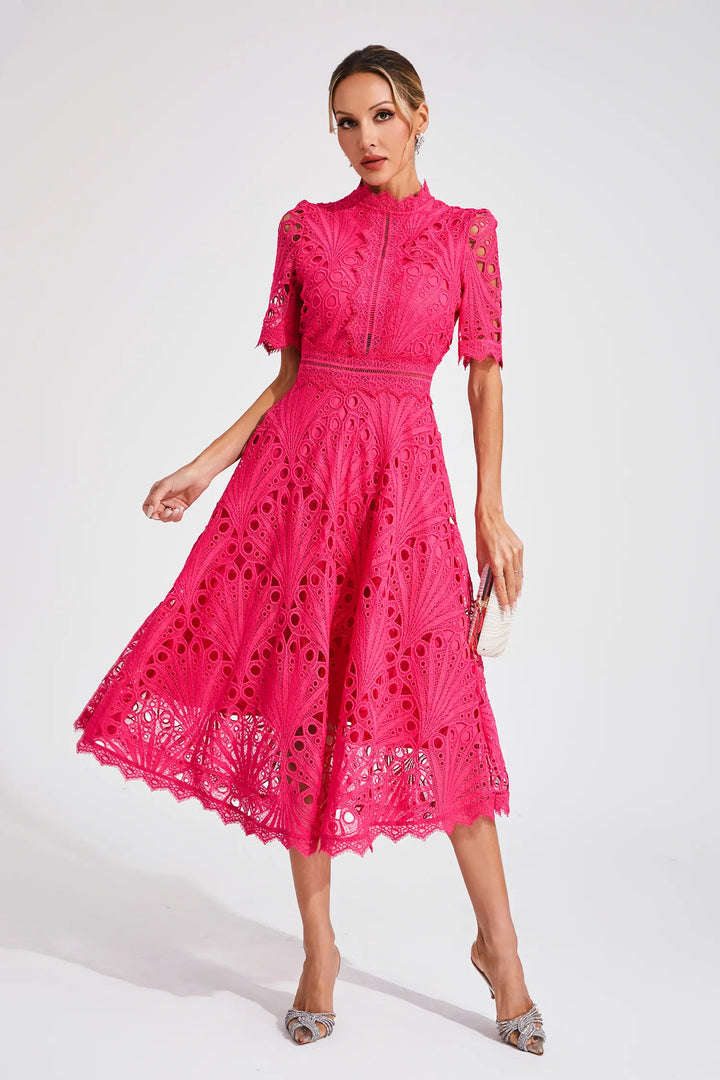 Elegant women's tailored midi dress, a sophisticated choice for weddings & parties. Scoop neck, perfect for spring.