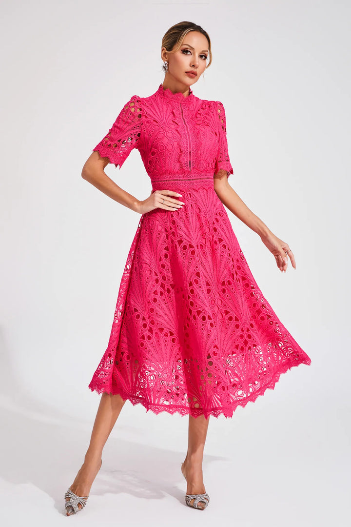 Chic women's scoop neck midi dress, tailored for an elegant look at spring weddings & summer party events.