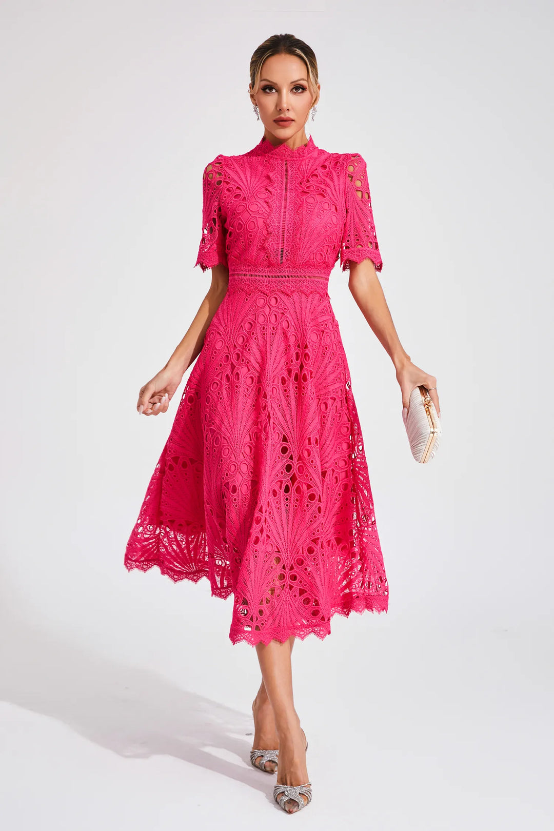 Versatile elegant midi dress for women, suitable as a wedding guest outfit or for chic summer party occasions.