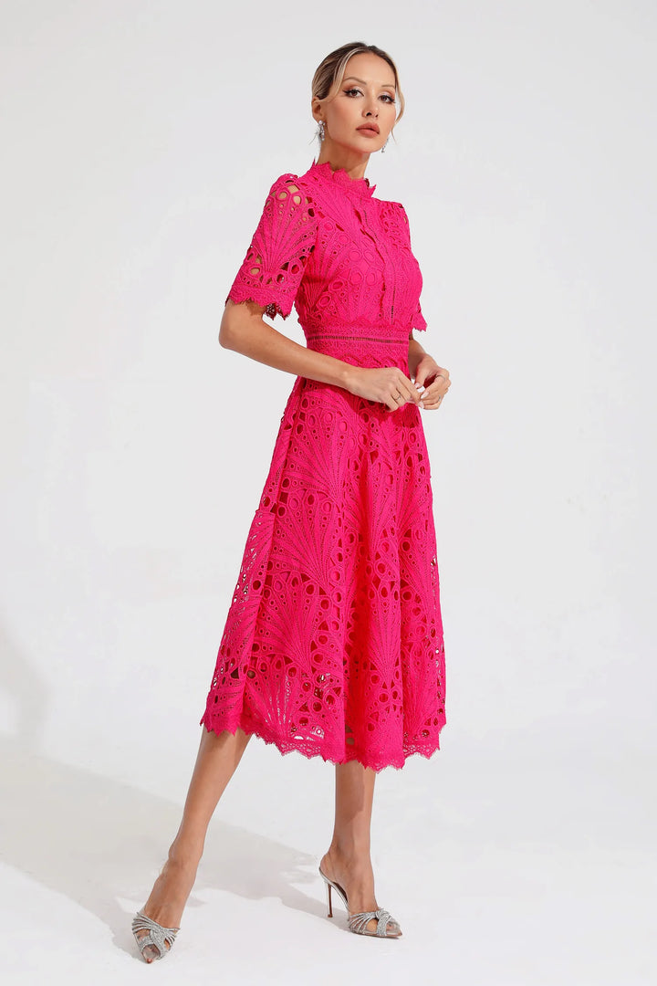 Sophisticated women's tailored midi dress, featuring a scoop neck. Ideal elegant wear for spring & summer parties.