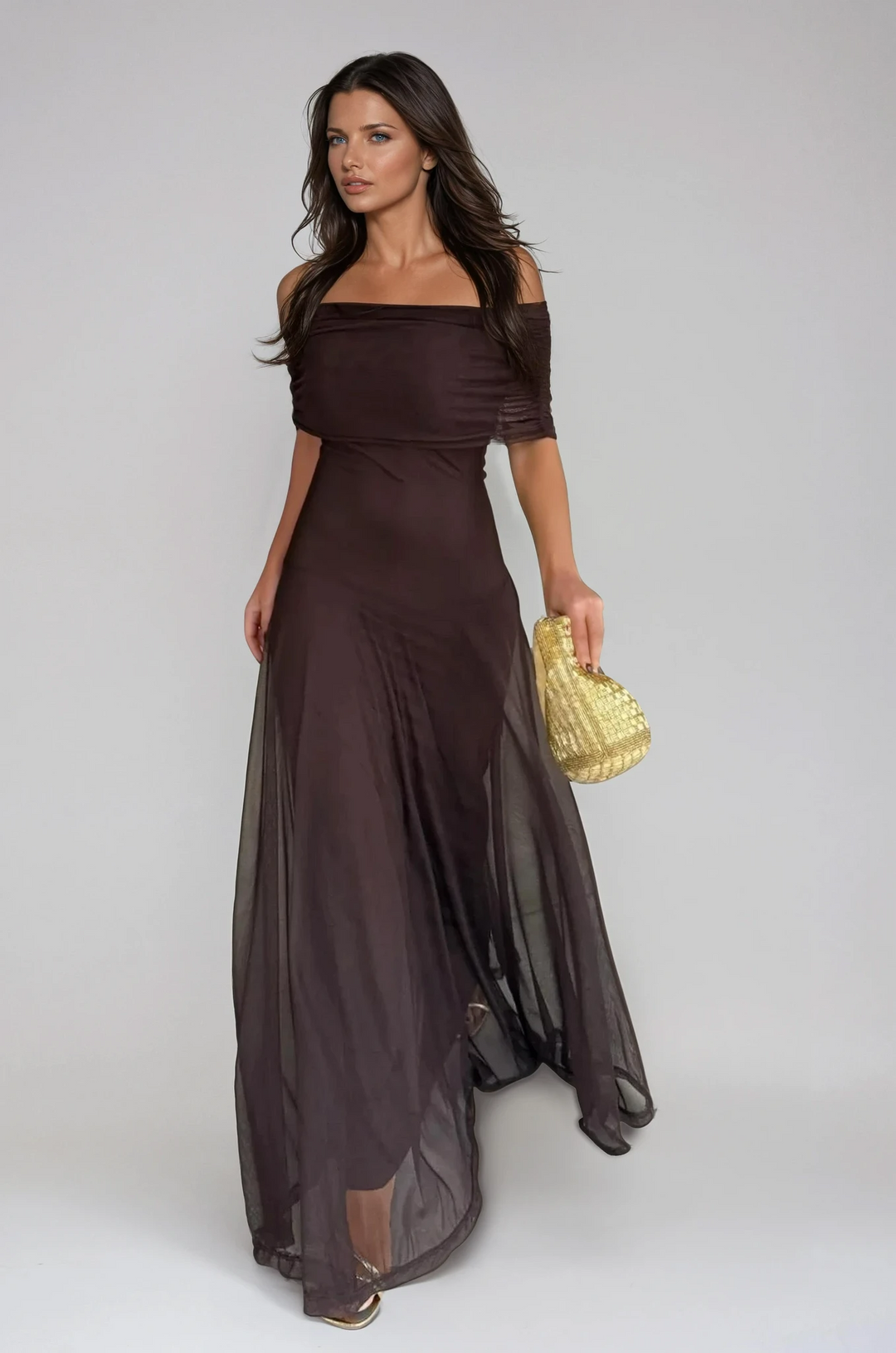 Women's elegant off-shoulder A-line maxi dress for formal evening parties.