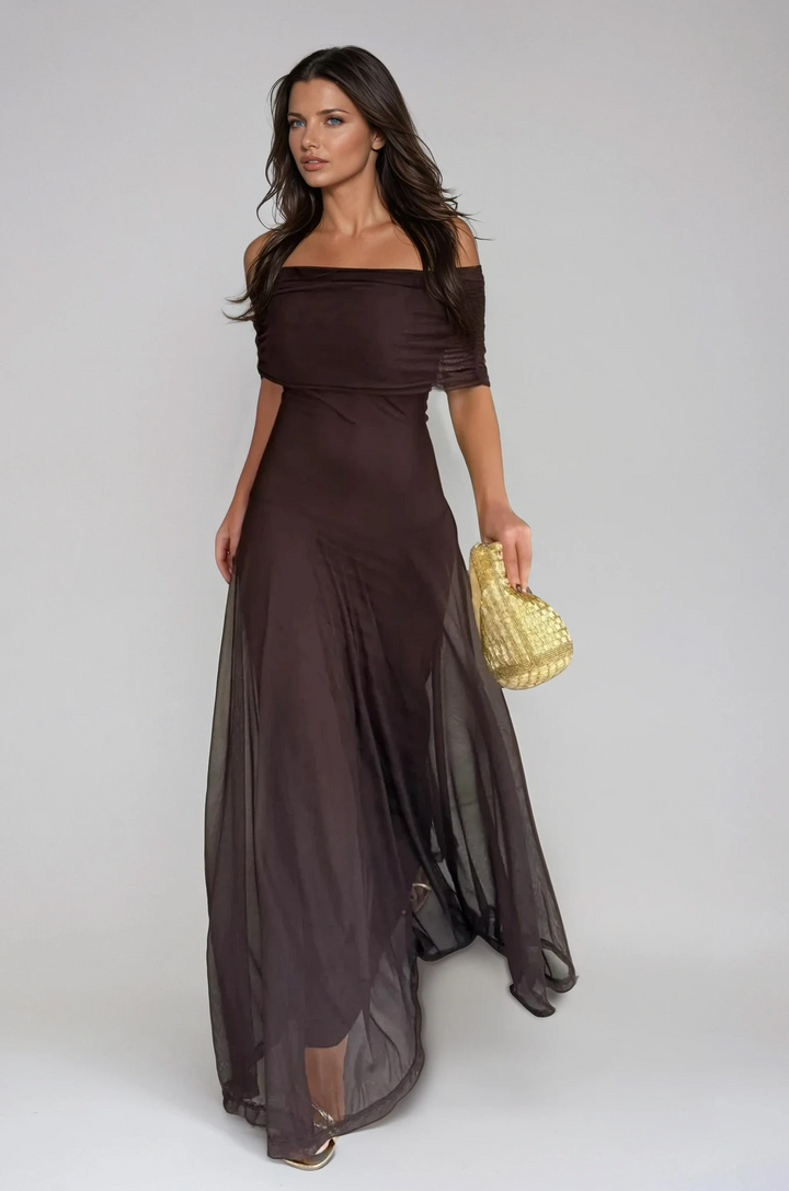 Women's elegant off-shoulder A-line maxi dress for formal evening parties.