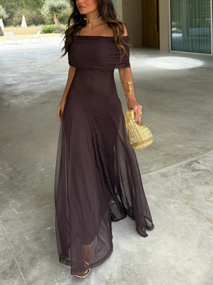 Elegant women's off-shoulder maxi dress, perfect for formal events, parties & special occasions.