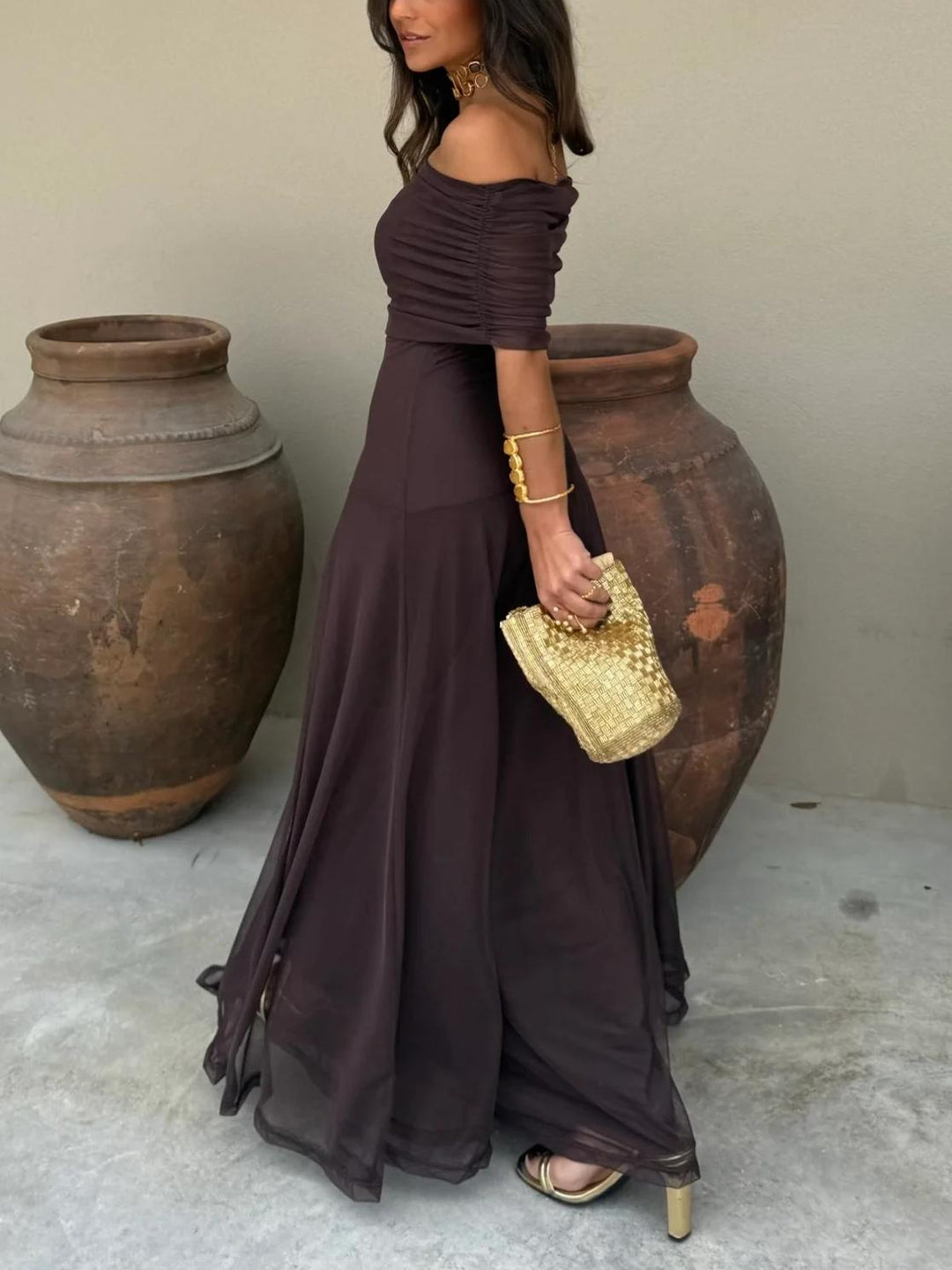 Flowing A-line off-shoulder maxi dress for women, an elegant choice for evening gowns.