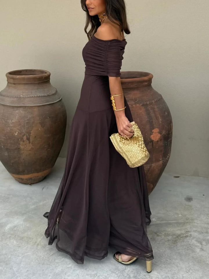Flowing A-line off-shoulder maxi dress for women, an elegant choice for evening gowns.